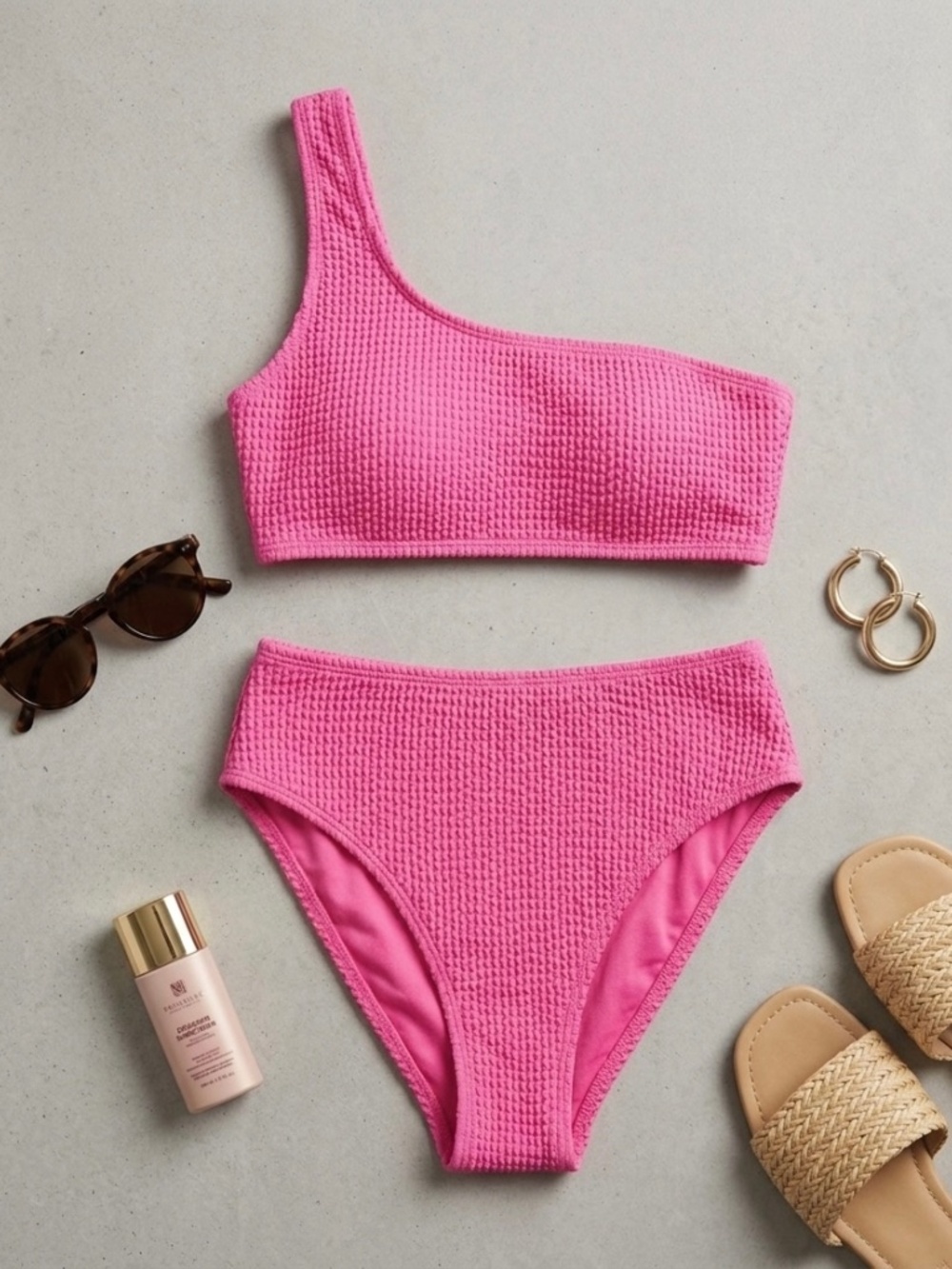 Textured One-Shoulder High-Waisted Bikini Set